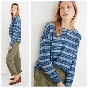 Madewell Roster Henley Tee in Indigo Blue Stripe Shirt MC242 Size Medium
